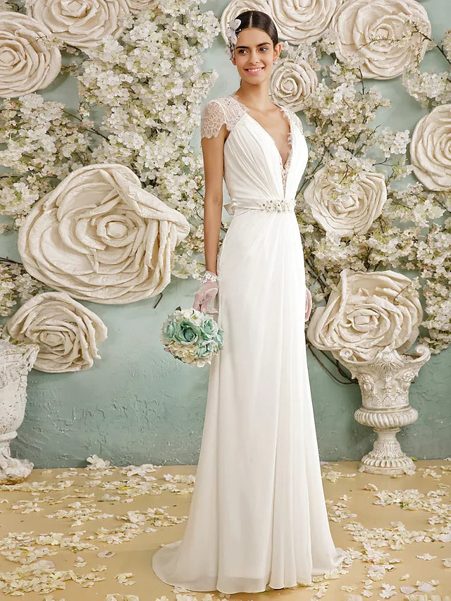 Open Back Wedding Dresses  Sleeve V Neck Chiffon With Crystal Button