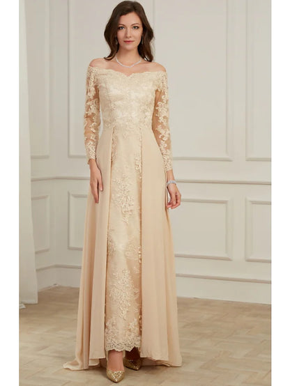 Evening Gown Elegant Dress Wedding Guest Floor Length Long Sleeve Off Shoulder Polyester with Overskirt Appliques