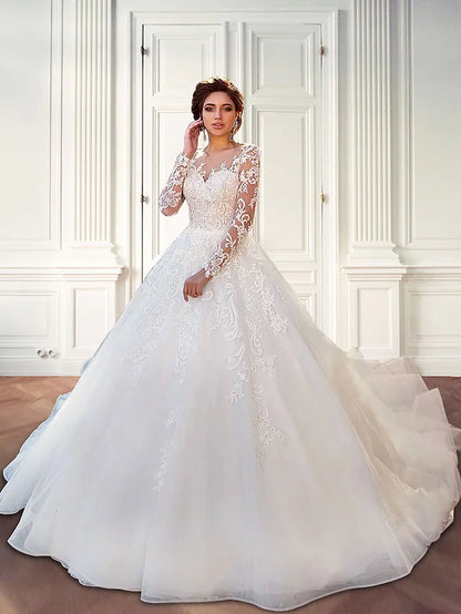 Engagement Formal Wedding Dresses Court Train Ball Gown Long Sleeve Jewel Neck Lace With Lace Appliques
