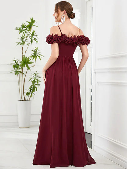 Prom Dresses Vintage Dress Wedding Guest Floor Length Sleeveless Off Shoulder Chiffon with Appliques Shouder Flower