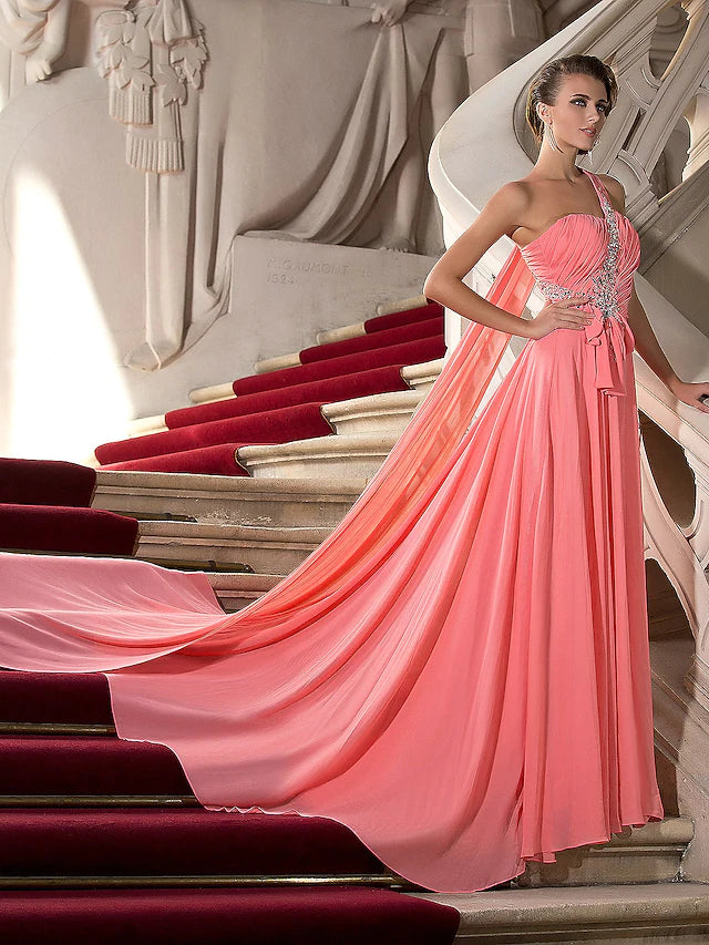 A-Line Elegant Dress Wedding Guest Court Train Sleeveless One Shoulder Chiffon with Crystals Draping