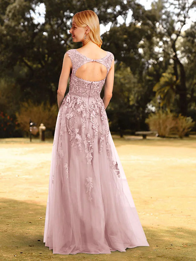 Prom Dresses Floral Dress Wedding Guest Floor Length Sleeveless Jewel Neck Tulle with Appliques