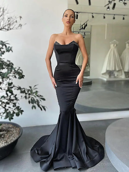 Evening Gown Sexy Dress Formal Floor Length Sleeveless Strapless Satin Backless with Beading