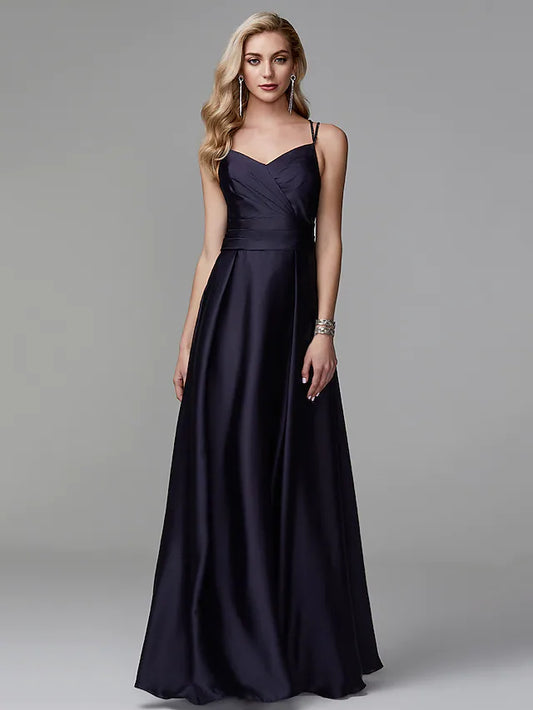 A-Line Special Occasion Dresses Beautiful Back Dress Wedding Guest Floor Length Sleeveless Spaghetti Strap Satin Crisscross Back with Beading Side Draping