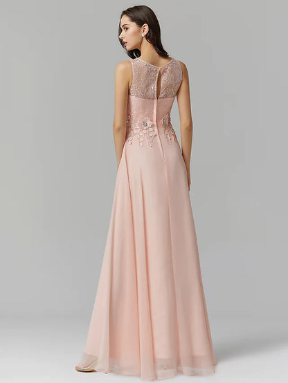 Empire Dress Wedding Guest Floor Length Sleeveless Illusion Neck Chiffon with Beading Appliques