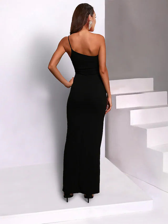 Wedding Guest Dresses Black Dress Wedding Party Floor Length Sleeveless One Shoulder Stretch Fabric with Slit