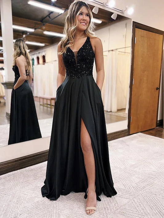 A-Line Evening Gown Empire Dress Formal Floor Length Sleeveless V Neck Pocket Satin Backless with Beading Appliques