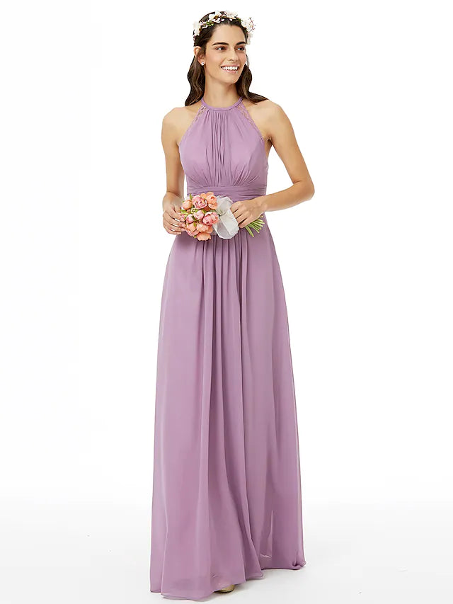 Bridesmaid Dress Jewel Neck Sleeveless Beautiful Back Floor Length Chiffon with Lace  Sash  Ribbon  Pleats
