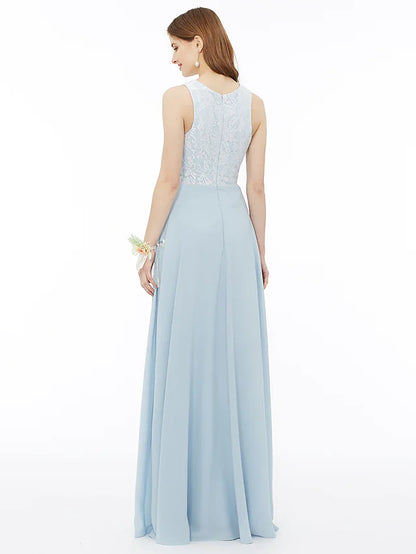 A-Line Bridesmaid Dress Jewel Neck Sleeveless Floor Length Chiffon   Metallic Lace with Pleats  Draping  Appliques