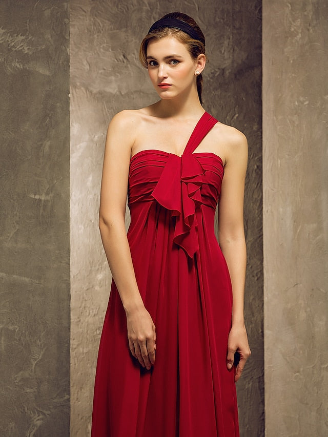 Bridesmaid Dress One Shoulder Sleeveless Elegant Floor Length Chiffon with Ruched  Ruffles  Draping