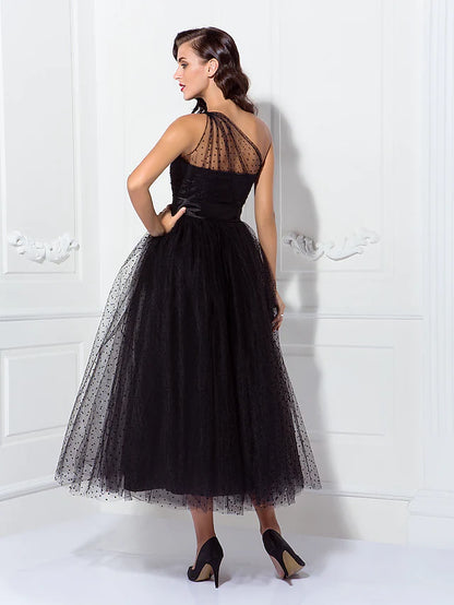 A-Line Cocktail Dresses Vintage Dress Wedding Guest Ankle Length Sleeveless One Shoulder  Addams  Tulle with Pleats Pattern  Print