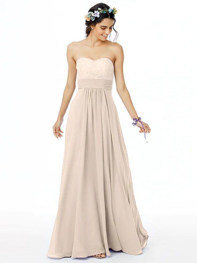 A-Line Bridesmaid Dress Sweetheart Neckline Sleeveless Open Back Floor Length Chiffon  Lace with Lace  Sash  Ribbon  Ruched