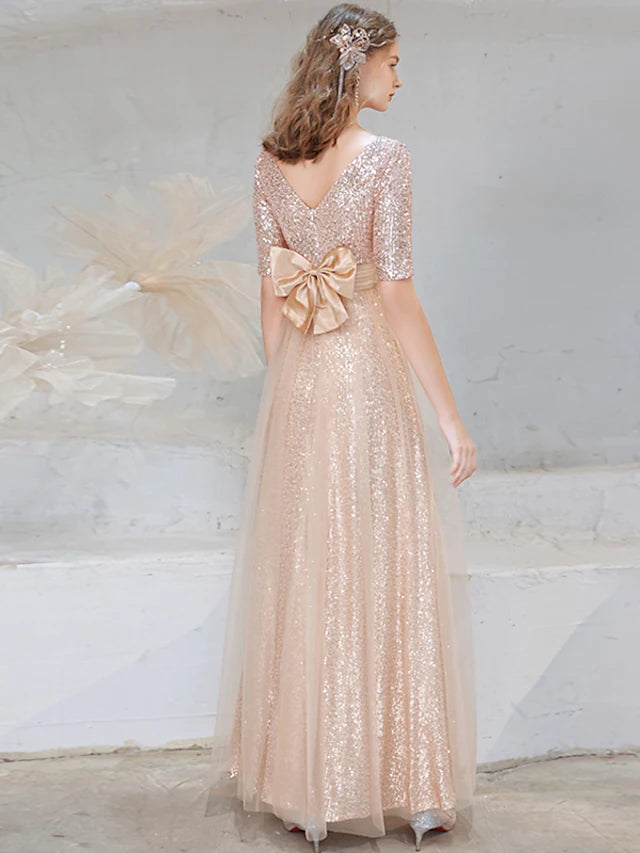 Evening Gown Sparkle Dress Wedding Guest Floor Length Half Sleeve V Neck Sequined with Bow(s) Sequin