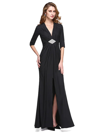 Mother of the Bride Dress Furcal V Neck Floor Length Stretch Satin Half Sleeve with Criss Cross Pleats Split Front