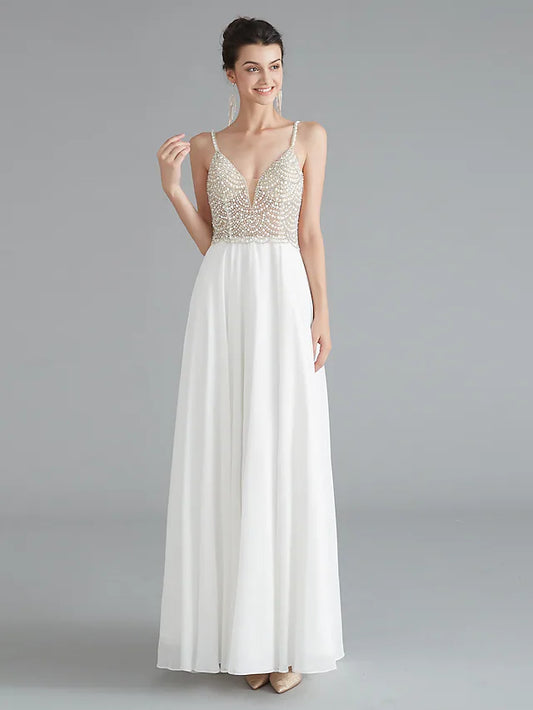 Evening Gown Empire Dress Engagement Floor Length Sleeveless V Neck Chiffon V Back with Beading