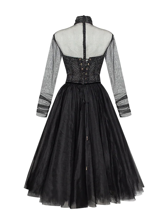 Cocktail Dresses Vintage Dress Homecoming Knee Length Long Sleeve High Neck Wednesday Addams Family Tulle with Pleats