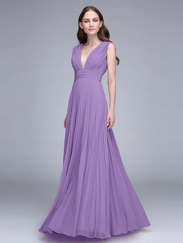 Bridesmaid Dress V Neck Sleeveless Elegant Floor Length Chiffon with Ruched    Draping