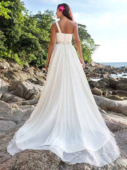 Beach Open Back Wedding Dresses  A-Line Regular Straps One Shoulder Chiffon With Sash  Ribbon Beading