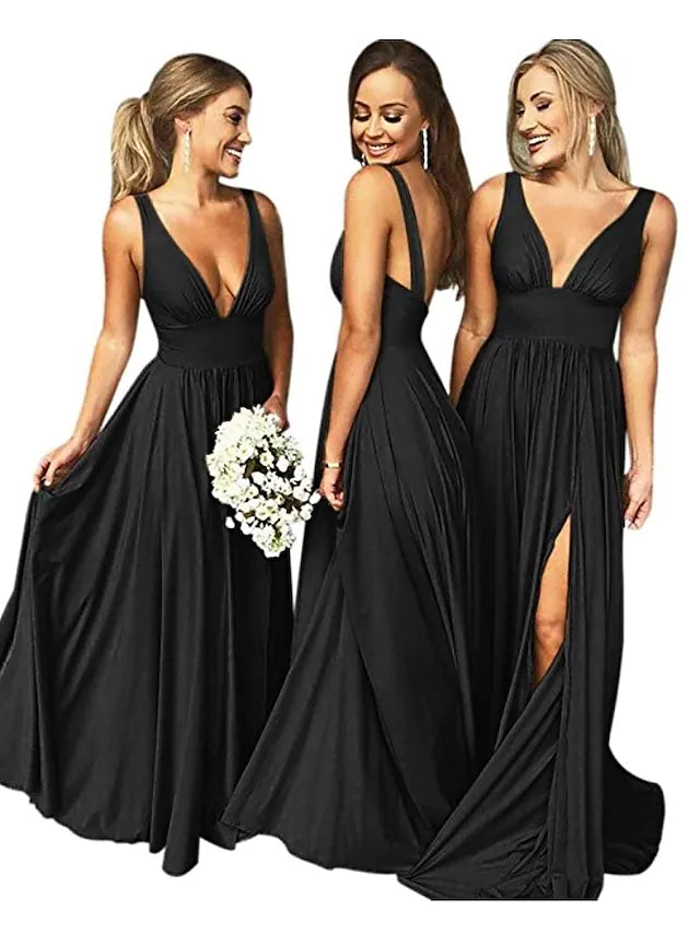 A-Line Bridesmaid Dress Plunging Neck Sleeveless  Floor Length Chiffon with Pleats  Split Front