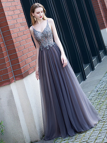 Minimalist Elegant Party Wear Prom Dress V Neck Sleeveless Floor Length Tulle with Pleats Appliques