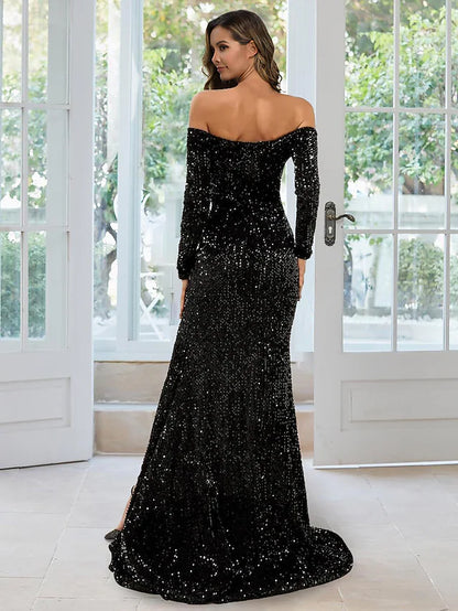 Evening Gown Black Dress Formal Long Sleeve Off Shoulder Sequined with Sequin