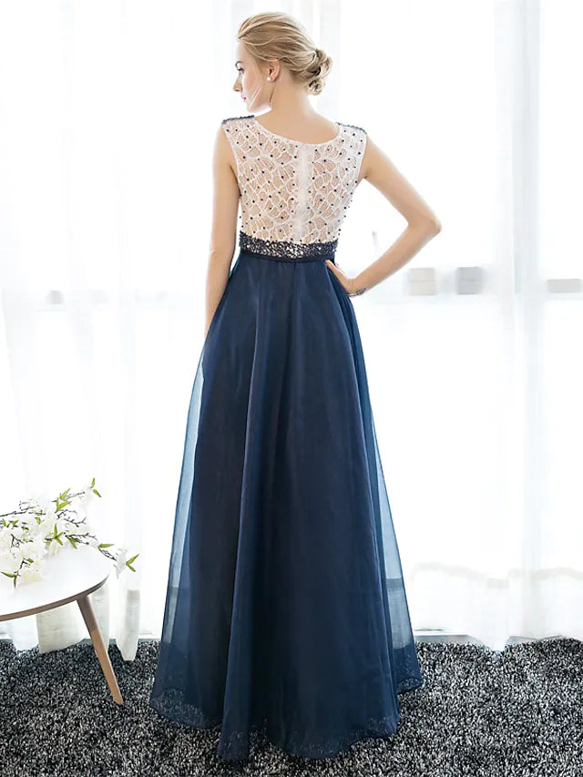 Beautiful Back Elegant Beaded & Sequin Prom Formal Evening Dress Illusion Neck Sleeveless Floor Length Tulle Over Lace with Beading