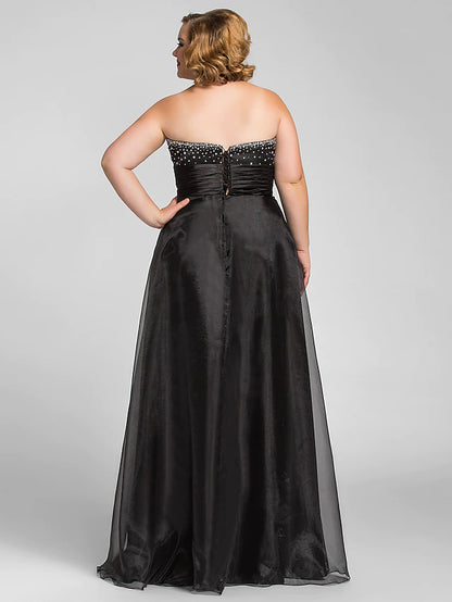 Little Black Dress Dress Prom Floor Length Sleeveless Sweetheart Organza with Ruched Beading