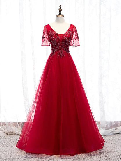 Prom Dresses Luxurious Dress Wedding Guest Floor Length Short Sleeve Spaghetti Strap Tulle with Beading Appliques
