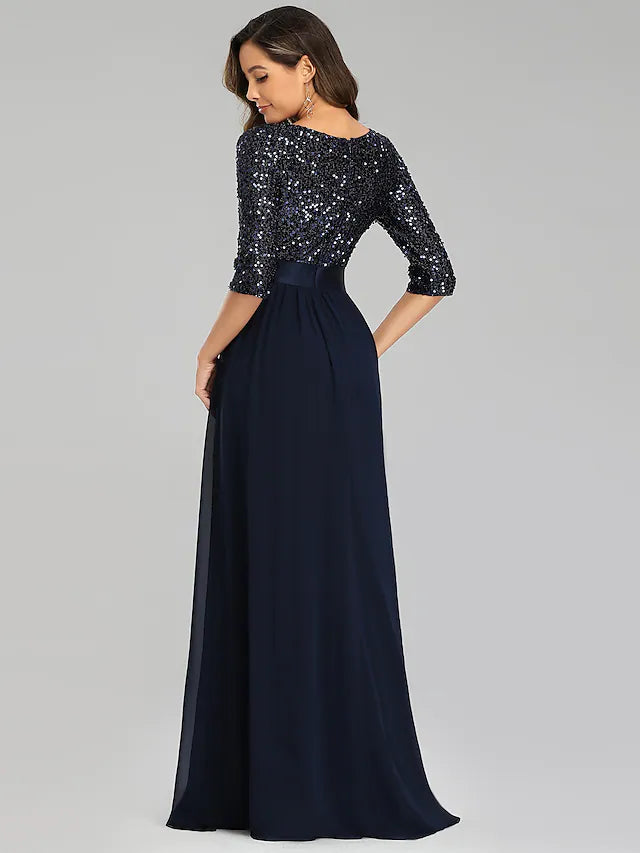 Wedding Guest Formal Evening Dress Jewel Neck  Length Sleeve Floor Length Tulle with Sequin