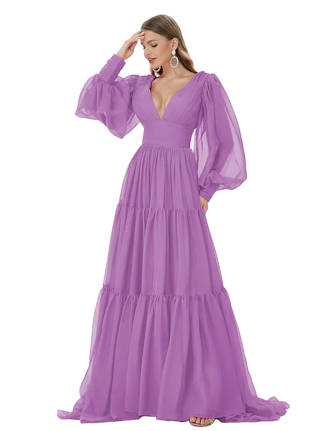 Evening Gown Sexy Dress Party Wear  Long Sleeve V Neck Chiffon with Ruched