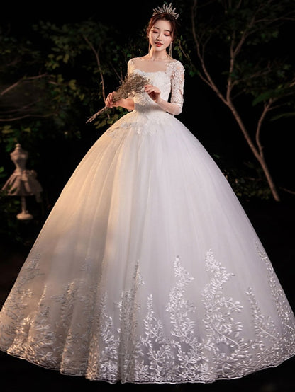 Engagement Formal Wedding Dresses Floor Length Princess Half Sleeve Jewel Neck Lace With Appliques