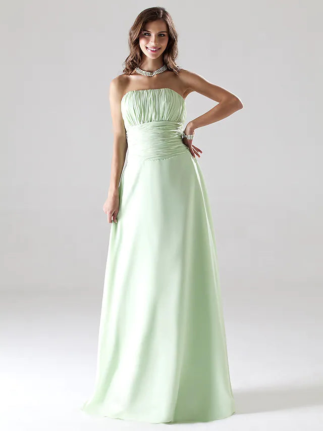 A-Line Bridesmaid Dress Strapless Sleeveless  Elegant  Floor  Length Chiffon with  Ruched   Draping