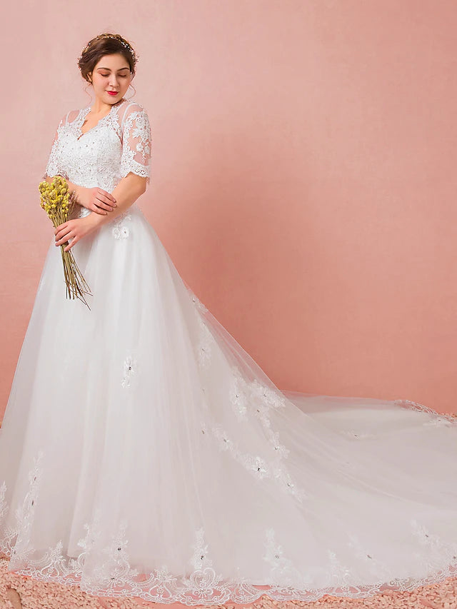 Hall Wedding Dresses Watteau A-Line Half Sleeve V Neck Satin With Lace Crystals