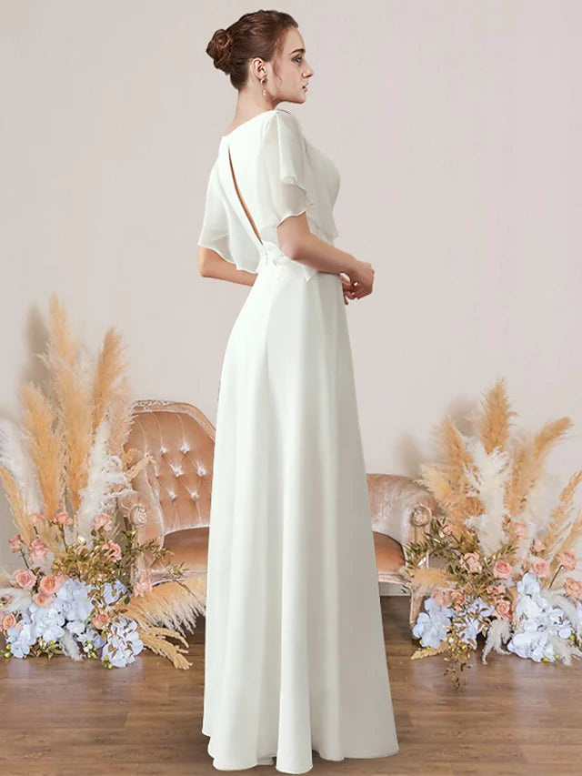 Casual Wedding Dresses Floor Length A-Line Short Sleeve V Neck Chiffon With Pleats Appliques