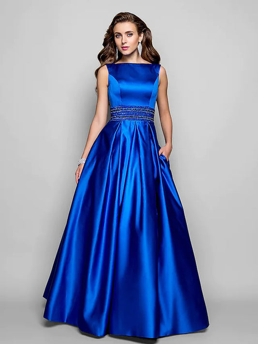 A-Line Elegant Dress Wedding Guest Floor Length Sleeveless Boat Neck Pocket Satin with Pleats Beading