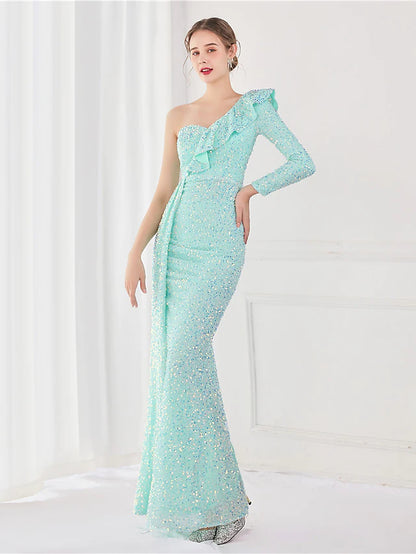 Evening Gown Elegant Dress Wedding Guest Floor Length Long Sleeve One Shoulder Sequined V Back with Sequin Slit