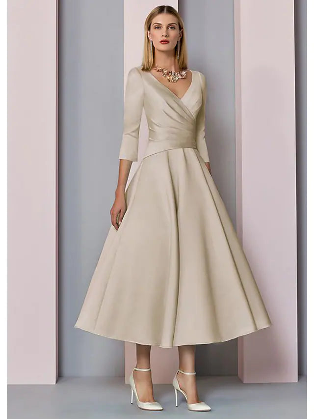 Mother of the Bride Dress Wedding Guest Vintage Plus Size Elegant V Neck Tea Length Satin  Length Sleeve with Pleats