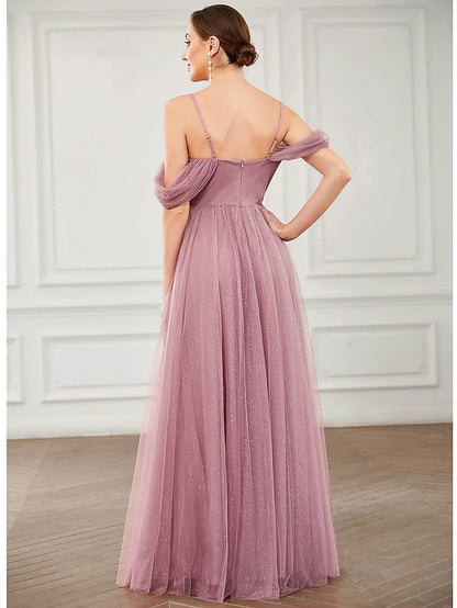 Prom Dresses Elegant Dress Wedding Guest Floor Length Sleeveless V Neck Tulle with Pleats