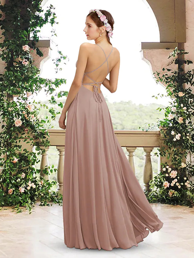 A-Line Bridesmaid Dress Square Neck  Spaghetti Strap Sleeveless Elegant Floor Length Chiffon with Pleats  Split Front