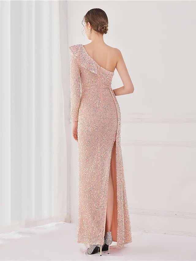 Evening Gown Elegant Dress Wedding Guest Floor Length Long Sleeve One Shoulder Sequined V Back with Sequin Slit