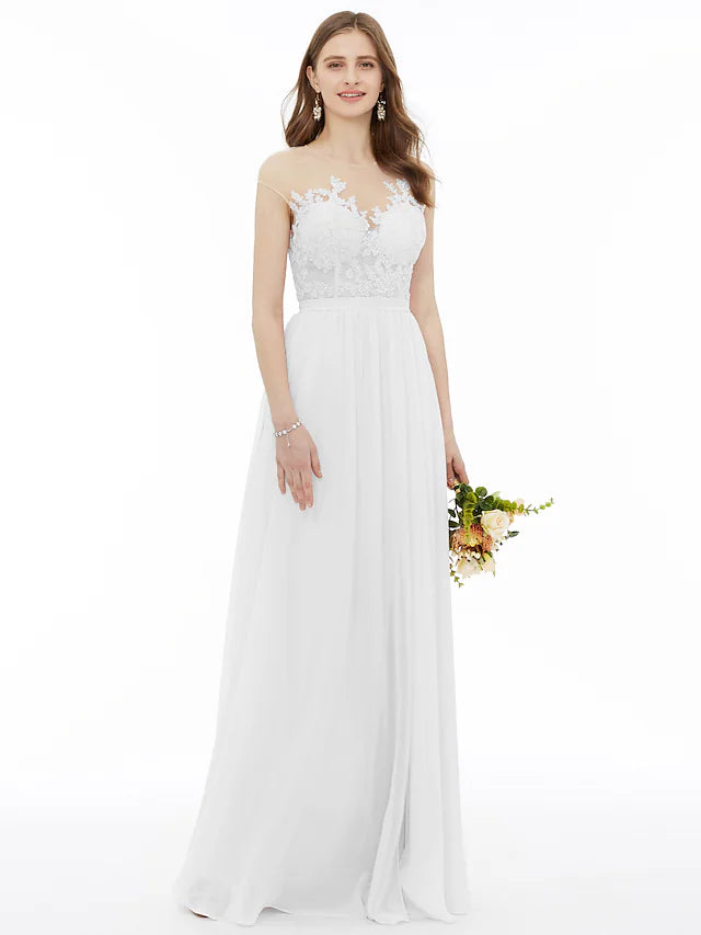 A-Line Bridesmaid Dress  Neck Sleeveless  Detail Floor Length Chiffon   Floral  Lace with Sash  Ribbon  Appliques