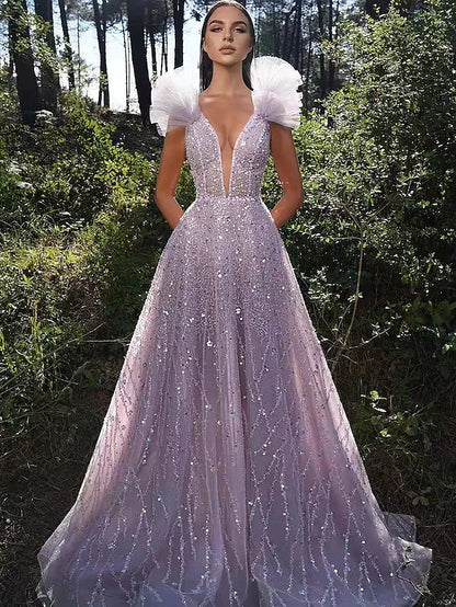 Prom Dresses Sparkle & Shine Dress Formal Floor Length Sleeveless V Neck Sequined Backless with Sequin