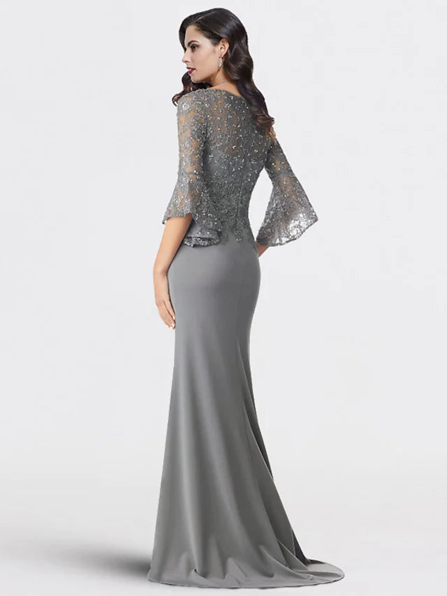 Mother of the Bride Dress Plus Size Elegant V Neck   Chiffon Lace Length Sleeve with Sequin Appliques