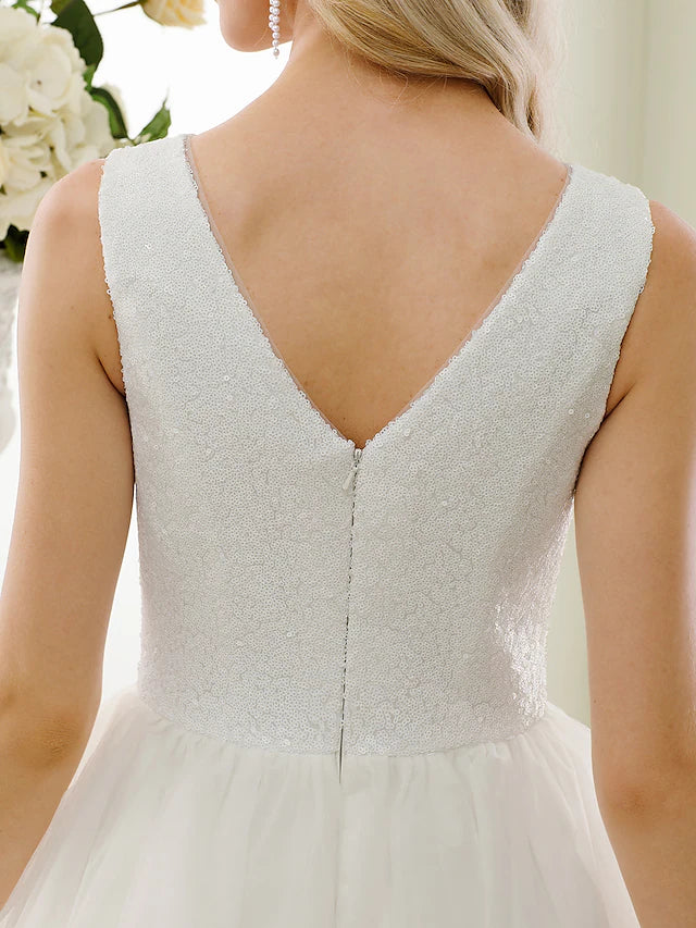 Sparkle & Shine Open Back Wedding Dresses Tea Length A-Line Regular Straps Bateau Neck Tulle With Lace Sequin