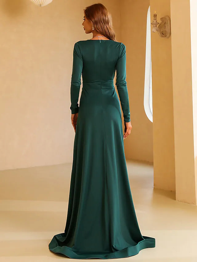 Evening Gown Vintage Dress Engagement  Long Sleeve V Neck Polyester with Slit