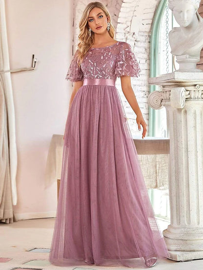 Empire Elegant Party Wear Prom Dress Jewel Neck Short Sleeve Floor Length Tulle with Embroidery