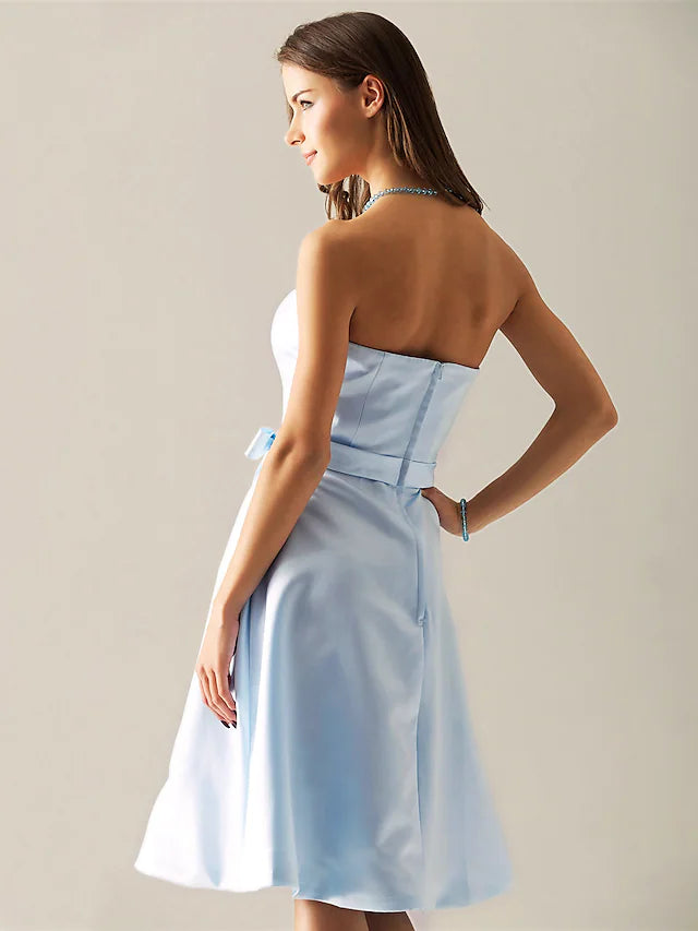 Bridesmaid Dress Strapless Sleeveless Elegant Knee Length Satin with Sash  Ribbon  Bow(s)