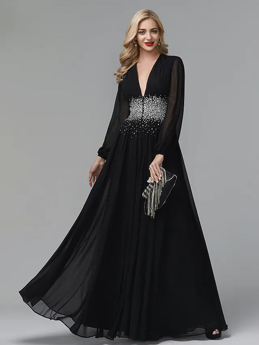 Evening Dress Celebrity Red Carpet Formal Gown Black Tie Wedding Guest Floor Length Long Sleeve V Neck Chiffon with Sequin