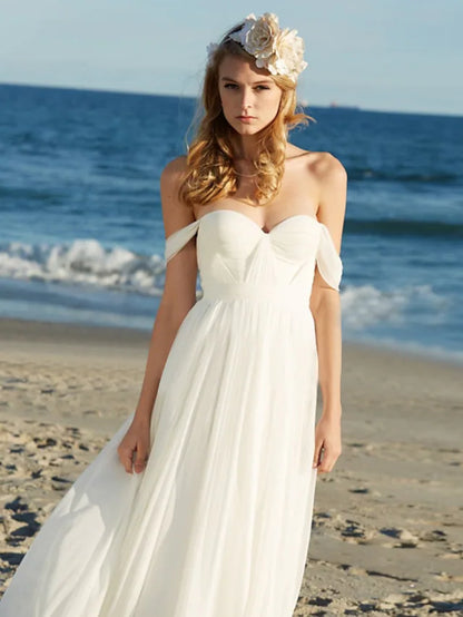 Beach Boho Sexy Wedding Dresses Floor Length A-Line Sleeveless Off Shoulder Chiffon With Pleats Solid