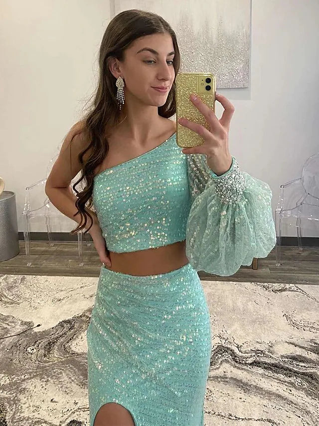Prom Dresses Empire Dress Party Wear  Sleeveless One Shoulder Sequined with Sequin Slit
